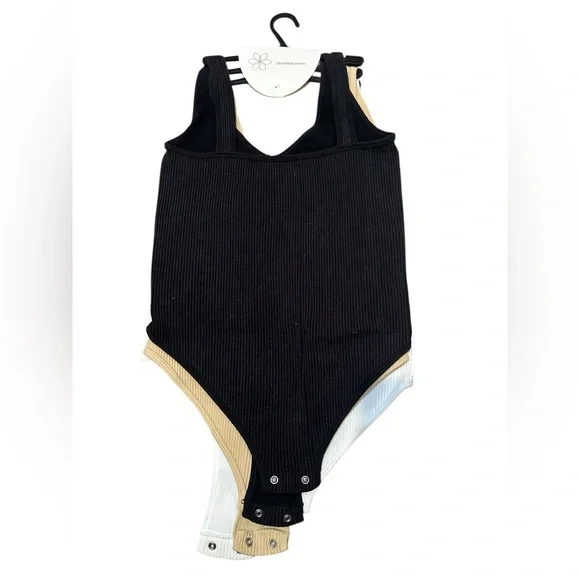 3 Aura Ribbed Bodysuit Set - White, Black, Tan - Picture 2 of 4